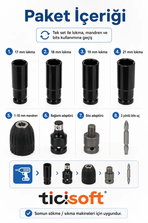 Somun Sökme Sıkma Makinesi İçin 4’lü Derin Lokma Seti 17-18-19-21 mm 1/2 Mandren ve Bits Adaptör Seti