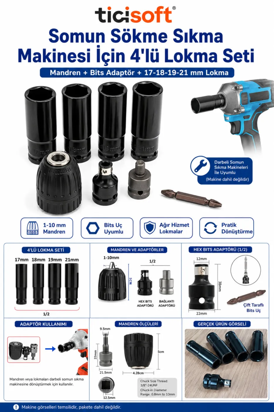 Somun Sökme Sıkma Makinesi İçin 4’lü Derin Lokma Seti 17-18-19-21 mm 1/2 Mandren ve Bits Adaptör Seti