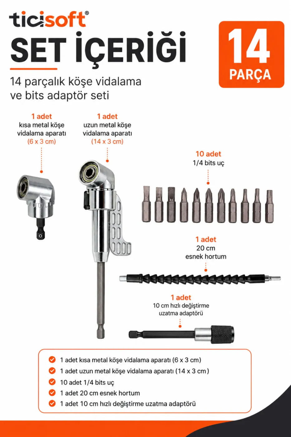 14 Parça Matkap İçin Vidalama Uç Seti 1/4 Hex Köşe Vidalama Adaptörü Esnek Hortum Hızlı Bits Adaptörü