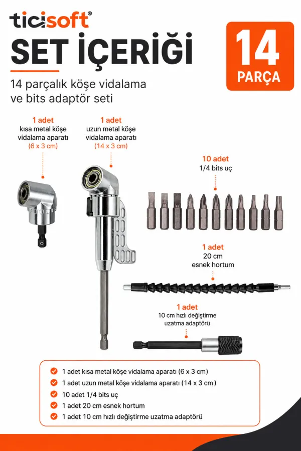14 Parça Matkap İçin Vidalama Uç Seti 1/4 Hex Köşe Vidalama Adaptörü Esnek Hortum Hızlı Bits Adaptörü