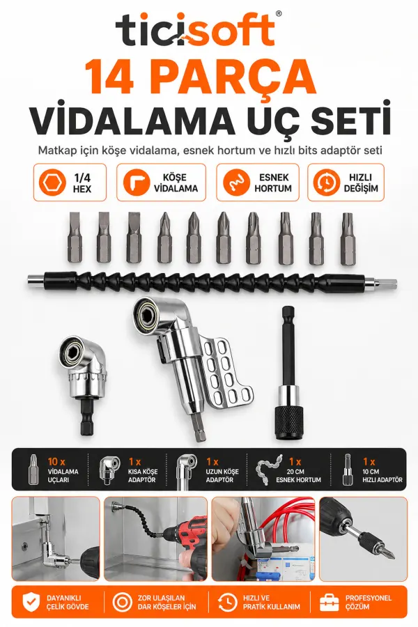 14 Parça Matkap İçin Vidalama Uç Seti 1/4 Hex Köşe Vidalama Adaptörü Esnek Hortum Hızlı Bits Adaptörü