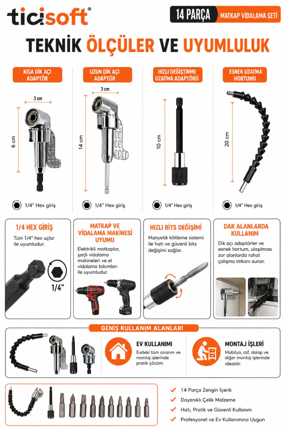 14 Parça Matkap İçin Vidalama Uç Seti 1/4 Hex Köşe Vidalama Adaptörü Esnek Hortum Hızlı Bits Adaptörü