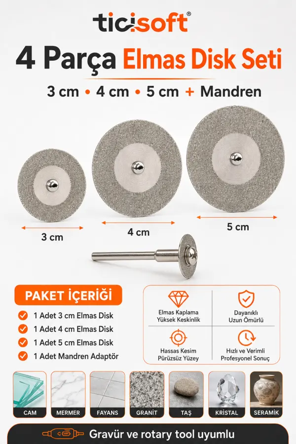 3-4-5 cm Elmas Kesme Disk Seti Dremel Uyumlu Cam Mermer Granit Fayans Taş Kristal Kesme ve Taşlama Diski