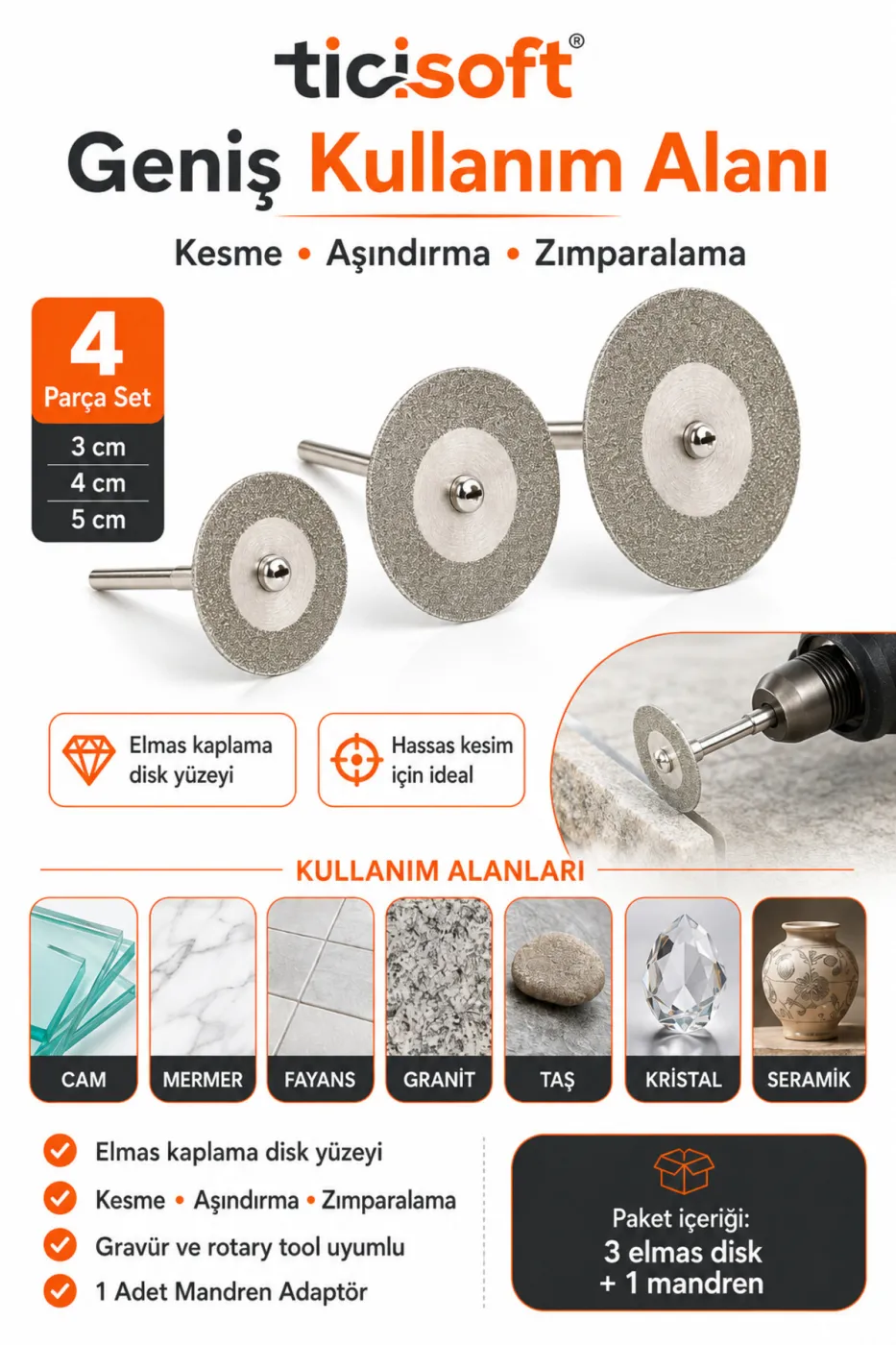 3-4-5 cm Elmas Kesme Disk Seti Dremel Uyumlu Cam Mermer Granit Fayans Taş Kristal Kesme ve Taşlama Diski