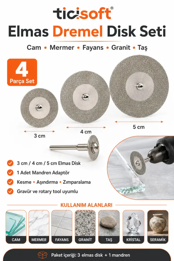 3-4-5 cm Elmas Kesme Disk Seti Dremel Uyumlu Cam Mermer Granit Fayans Taş Kristal Kesme ve Taşlama Diski