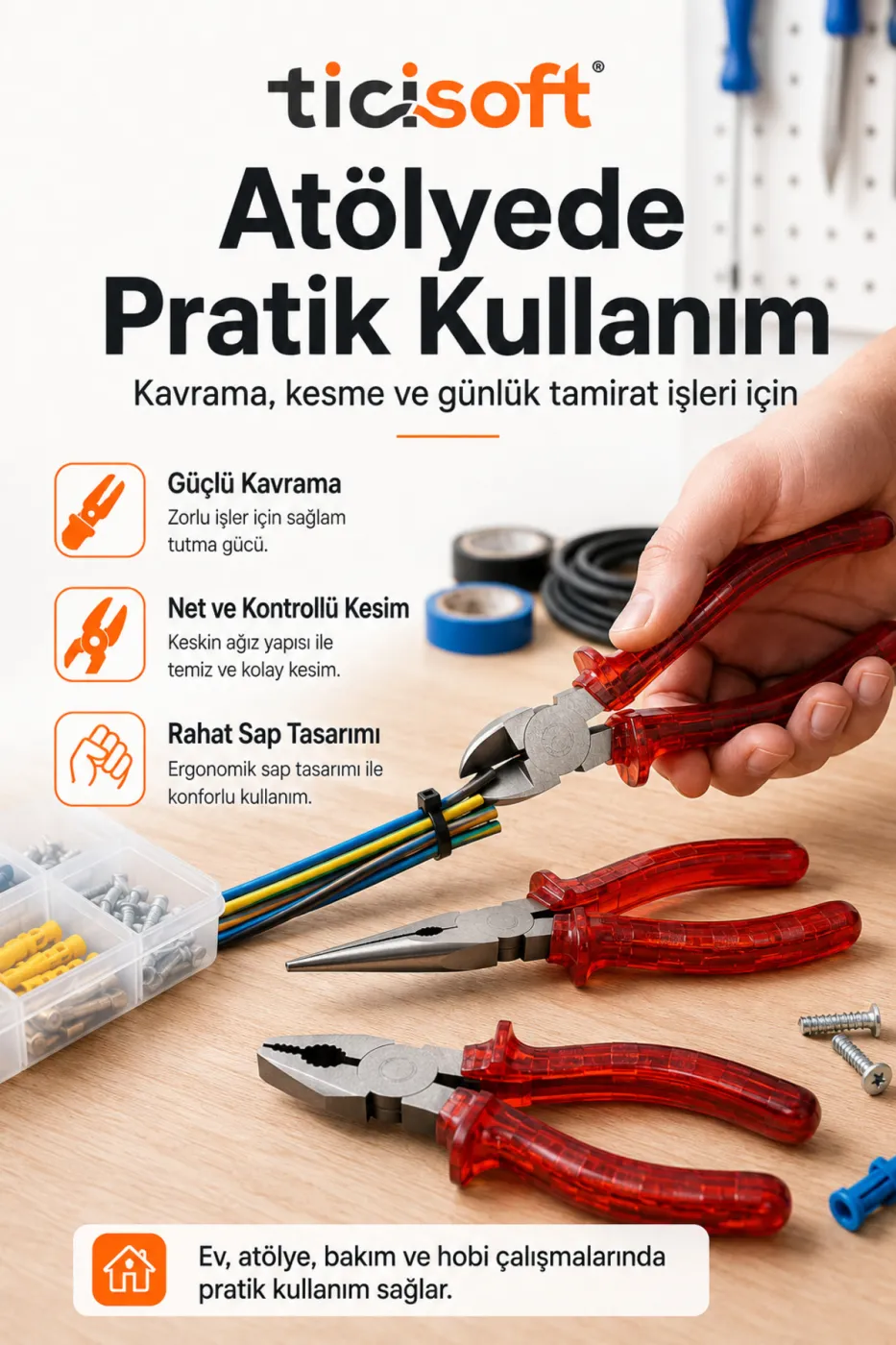 3’lü Pense Seti Kombine Pense Kargaburun Yan Keski Kırmızı Saplı El Aletleri Seti