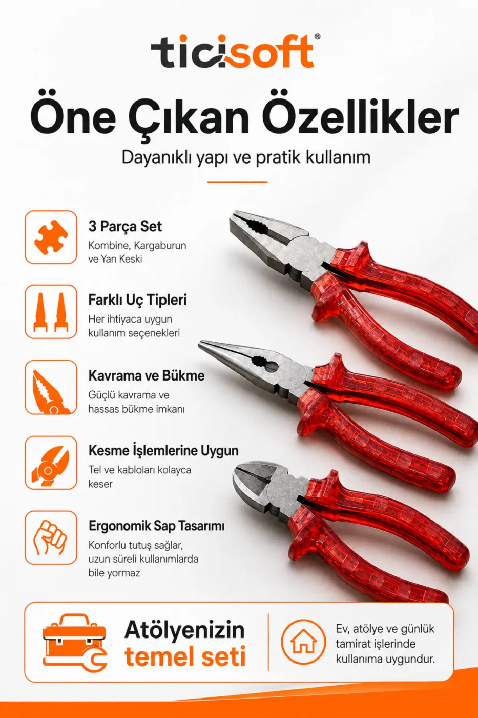 3’lü Pense Seti Kombine Pense Kargaburun Yan Keski Kırmızı Saplı El Aletleri Seti