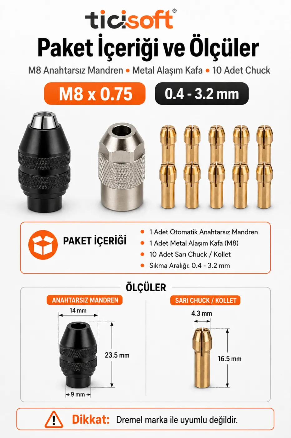 Gravür Makinesi M8 Anahtarsız Mandren ve Chuck Seti 0.4-3.2 mm 10 Kollet M8x0.75 Hobi Makinesi Aparatı