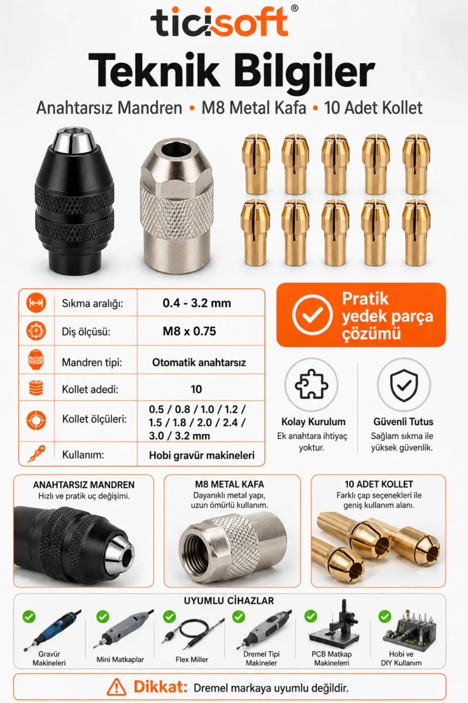 Gravür Makinesi M8 Anahtarsız Mandren ve Chuck Seti 0.4-3.2 mm 10 Kollet M8x0.75 Hobi Makinesi Aparatı