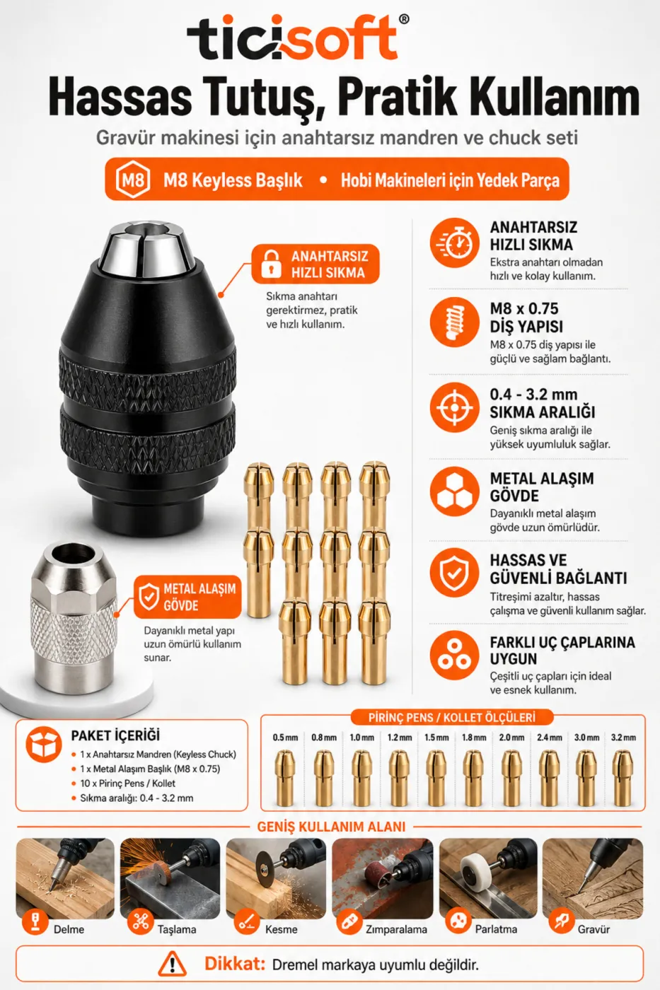 Gravür Makinesi M8 Anahtarsız Mandren ve Chuck Seti 0.4-3.2 mm 10 Kollet M8x0.75 Hobi Makinesi Aparatı