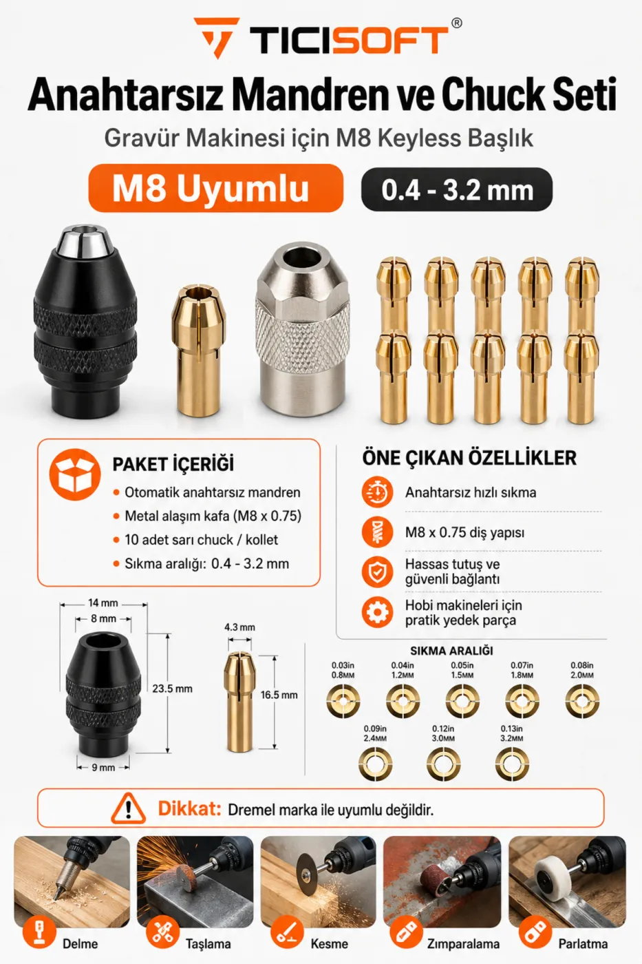 Gravür Makinesi M8 Anahtarsız Mandren ve Chuck Seti 0.4-3.2 mm 10 Kollet M8x0.75 Hobi Makinesi Aparatı