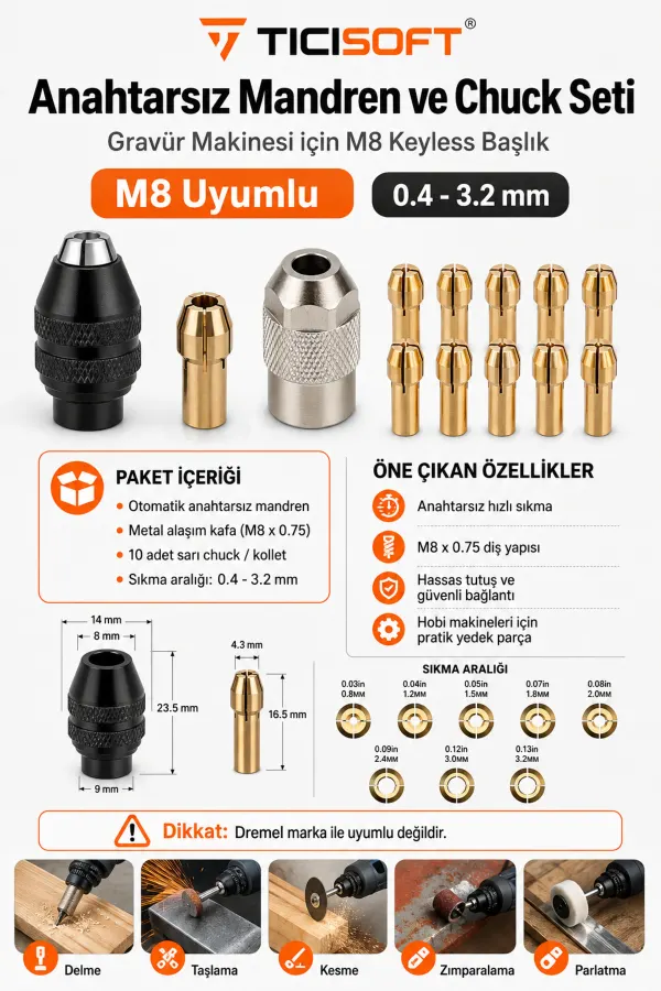 Gravür Makinesi M8 Anahtarsız Mandren ve Chuck Seti 0.4-3.2 mm 10 Kollet M8x0.75 Hobi Makinesi Aparatı