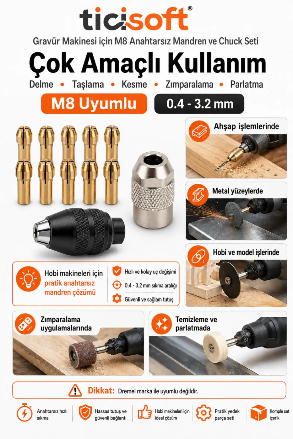 Gravür Makinesi M8 Anahtarsız Mandren ve Chuck Seti 0.4-3.2 mm 10 Kollet M8x0.75 Hobi Makinesi Aparatı