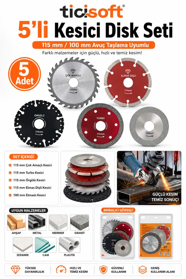 5 Parça Kesici Disk Seti 115 mm / 100 mm Avuç Taşlama Uyumlu Ahşap Metal Mermer Granit Seramik Cam Kesme Diski