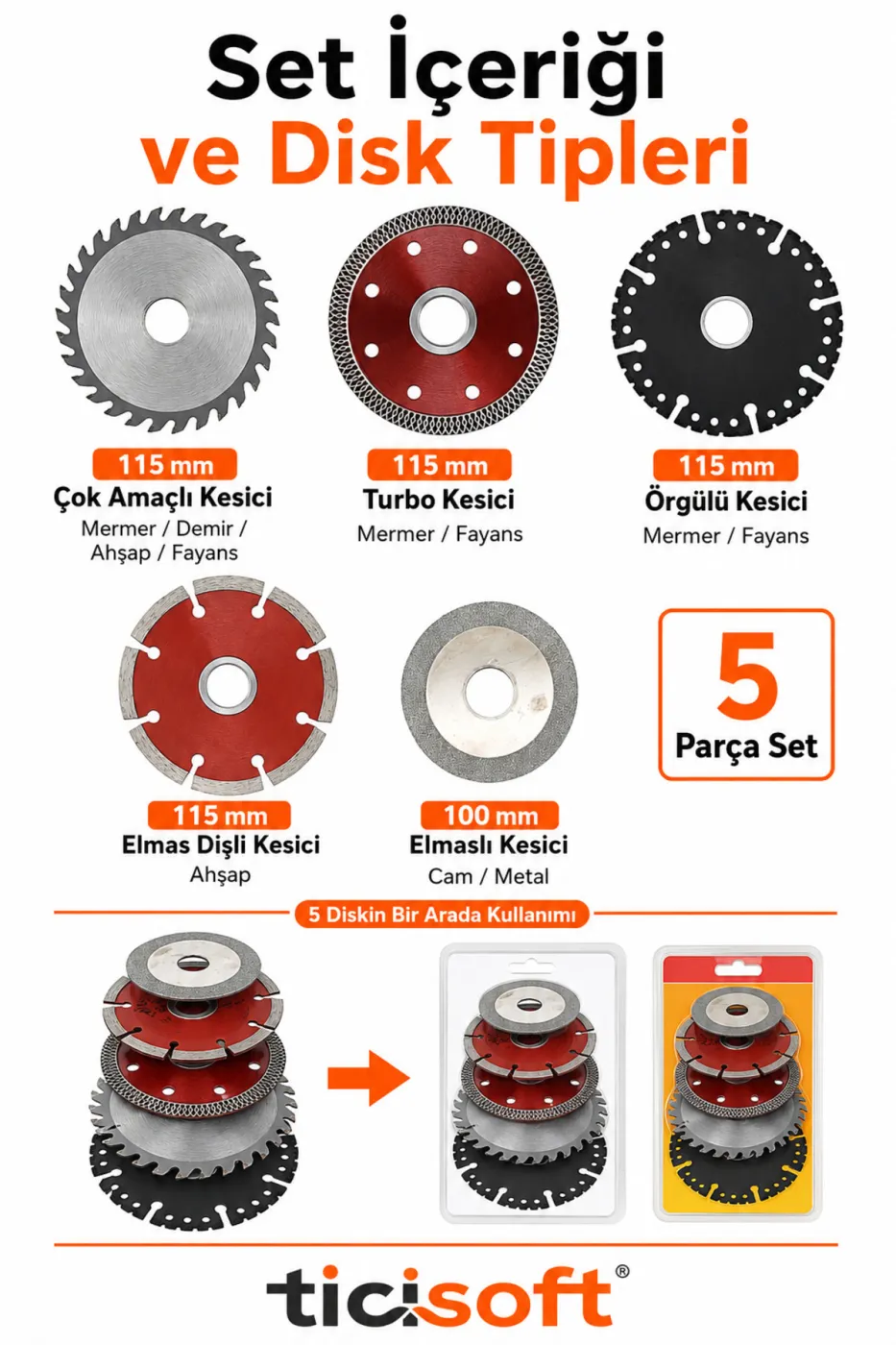 5 Parça Kesici Disk Seti 115 mm / 100 mm Avuç Taşlama Uyumlu Ahşap Metal Mermer Granit Seramik Cam Kesme Diski