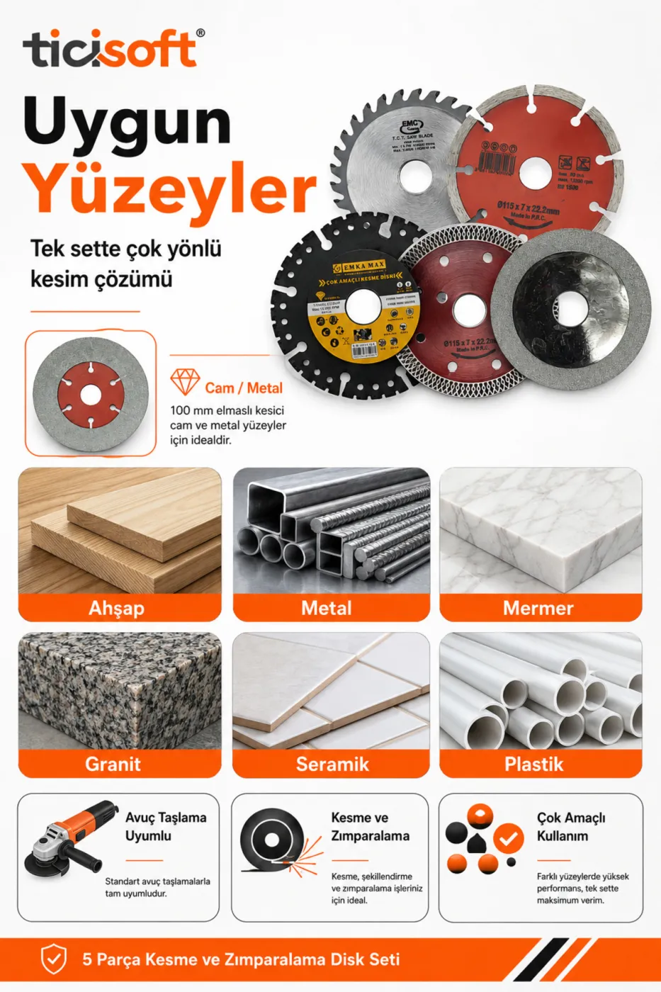 5 Parça Kesici Disk Seti 115 mm / 100 mm Avuç Taşlama Uyumlu Ahşap Metal Mermer Granit Seramik Cam Kesme Diski