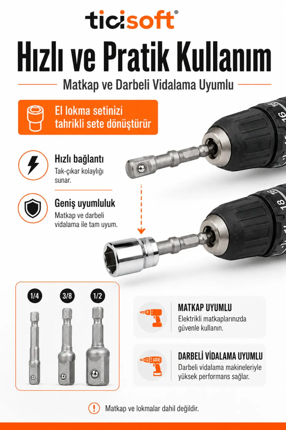 3’lü Bits Lokma Adaptörü Seti 1/4 – 3/8 – 1/2 Matkap Soket Adaptörü Hex Shank