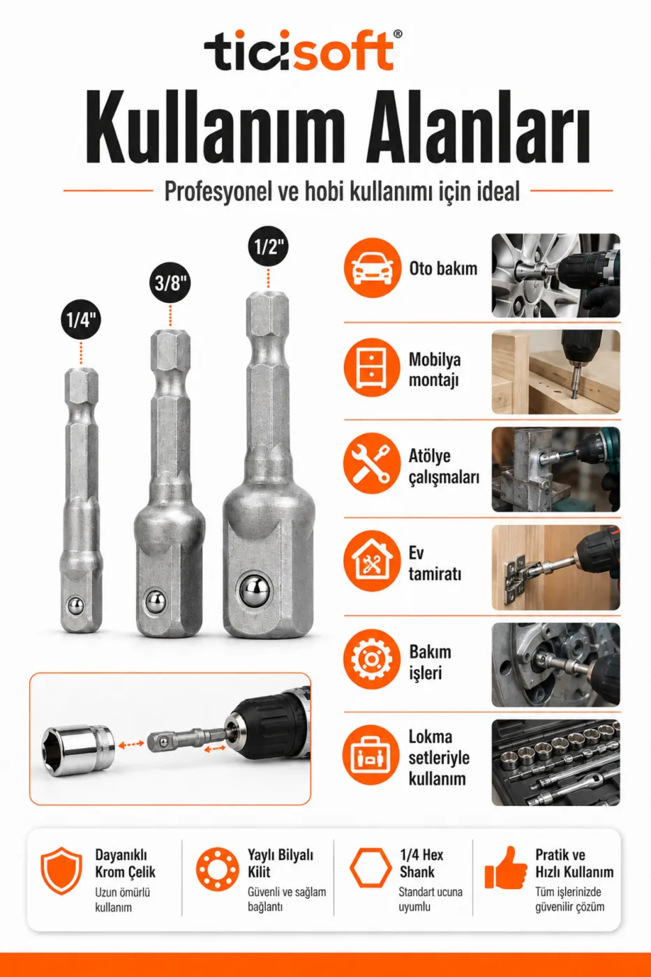 3’lü Bits Lokma Adaptörü Seti 1/4 – 3/8 – 1/2 Matkap Soket Adaptörü Hex Shank