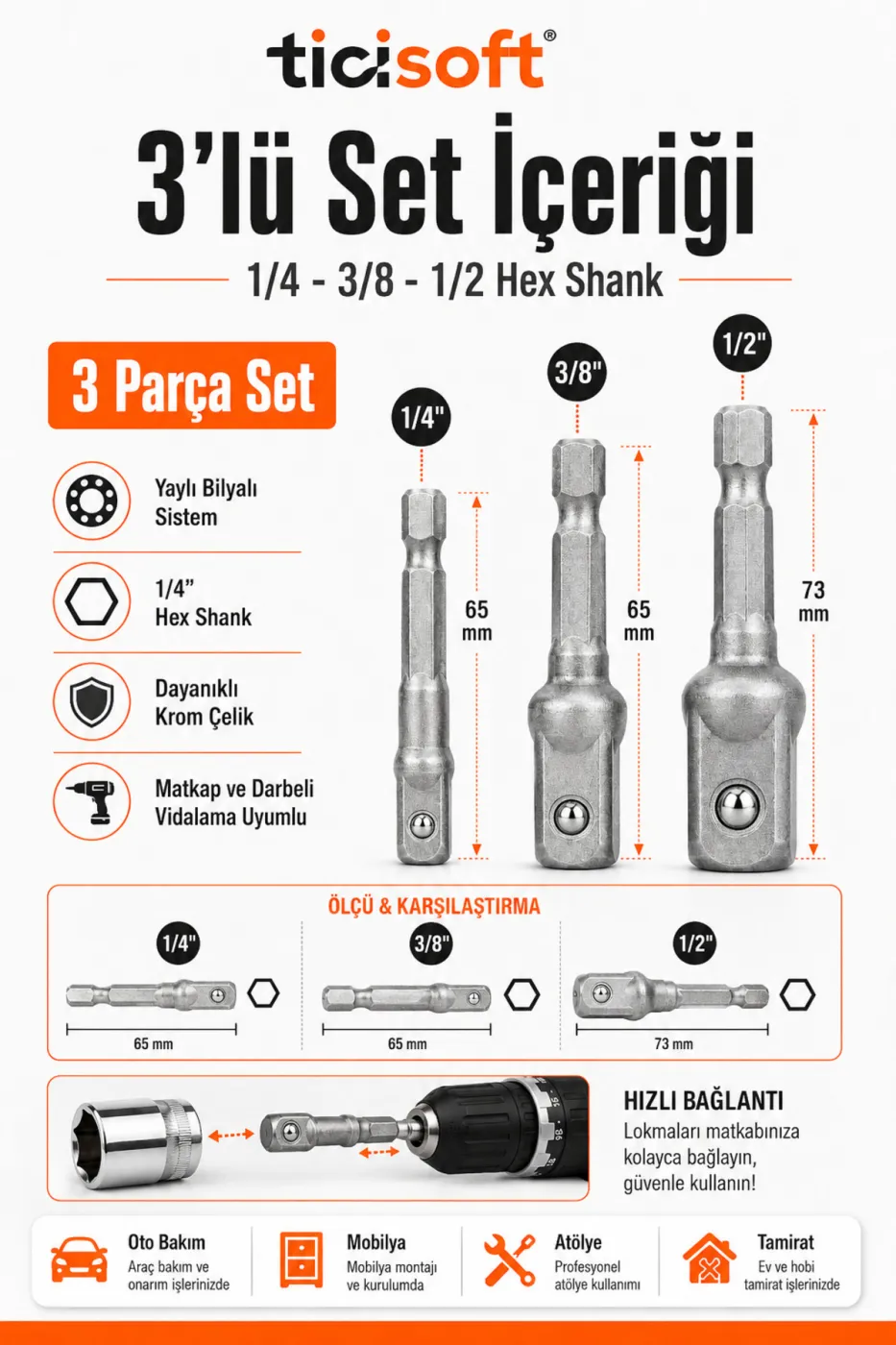 3’lü Bits Lokma Adaptörü Seti 1/4 – 3/8 – 1/2 Matkap Soket Adaptörü Hex Shank