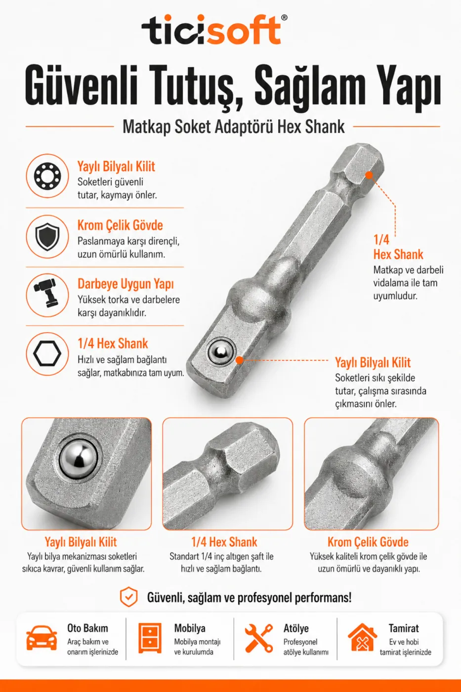 3’lü Bits Lokma Adaptörü Seti 1/4 – 3/8 – 1/2 Matkap Soket Adaptörü Hex Shank