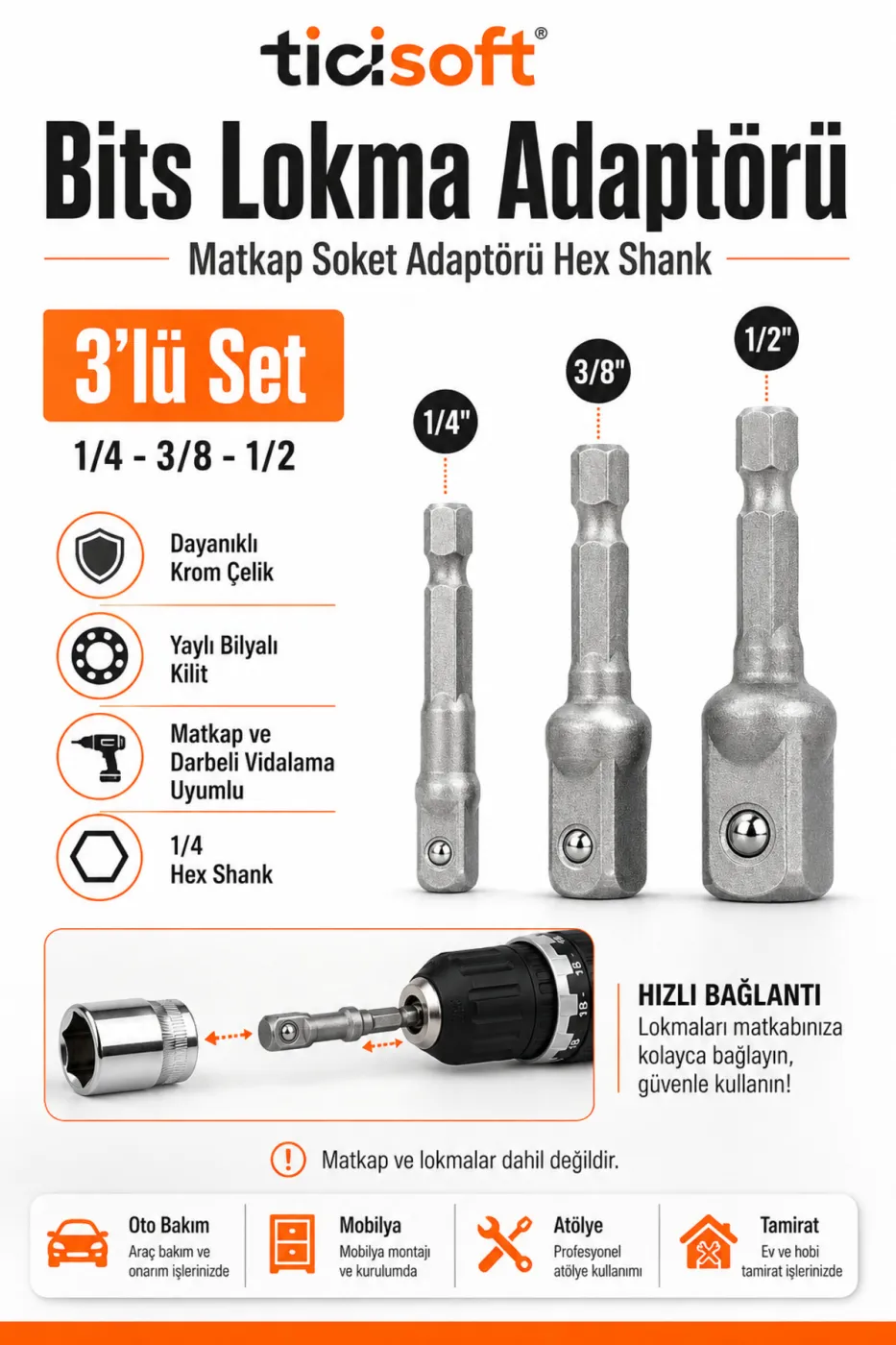 3’lü Bits Lokma Adaptörü Seti 1/4 – 3/8 – 1/2 Matkap Soket Adaptörü Hex Shank