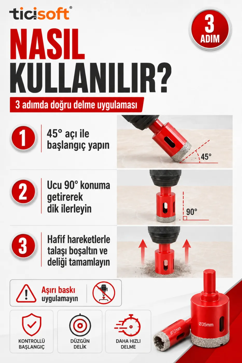 12 Parça Elmas Delik Açma Panç Seti 6-35 mm Kuru Delme Matkap Uyumlu Seramik Fayans Granit Mermer Cam Delme Uçları