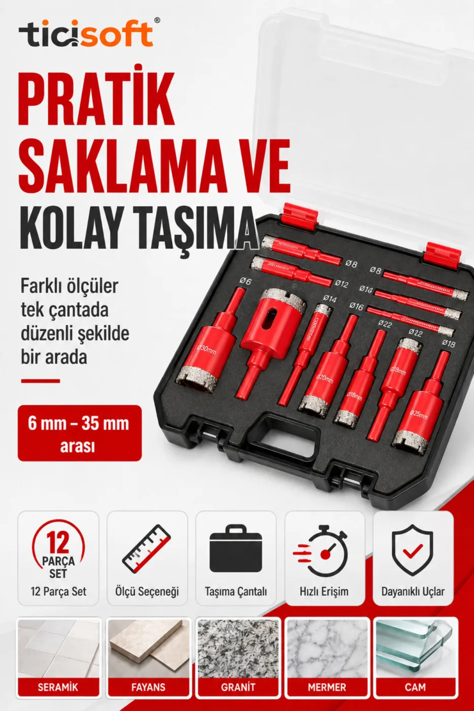 12 Parça Elmas Delik Açma Panç Seti 6-35 mm Kuru Delme Matkap Uyumlu Seramik Fayans Granit Mermer Cam Delme Uçları