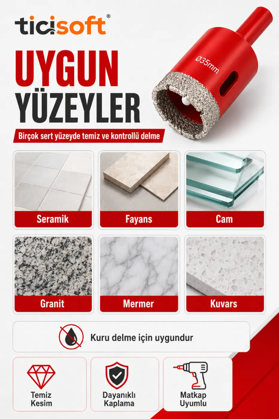 12 Parça Elmas Delik Açma Panç Seti 6-35 mm Kuru Delme Matkap Uyumlu Seramik Fayans Granit Mermer Cam Delme Uçları