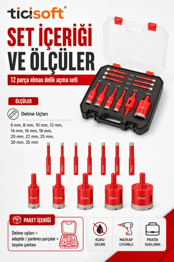 12 Parça Elmas Delik Açma Panç Seti 6-35 mm Kuru Delme Matkap Uyumlu Seramik Fayans Granit Mermer Cam Delme Uçları