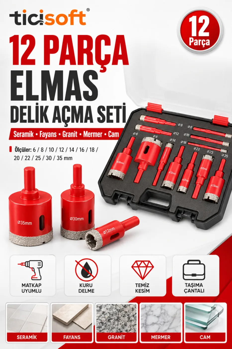 12 Parça Elmas Delik Açma Panç Seti 6-35 mm Kuru Delme Matkap Uyumlu Seramik Fayans Granit Mermer Cam Delme Uçları
