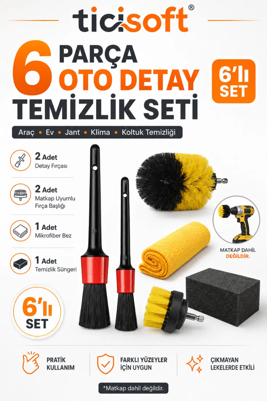 6 Parça Oto Detay Temizlik Seti Matkap Ucu Fırça Başlığı Detay Fırçası Mikrofiber Bez ve Sünger