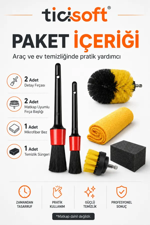 6 Parça Oto Detay Temizlik Seti Matkap Ucu Fırça Başlığı Detay Fırçası Mikrofiber Bez ve Sünger