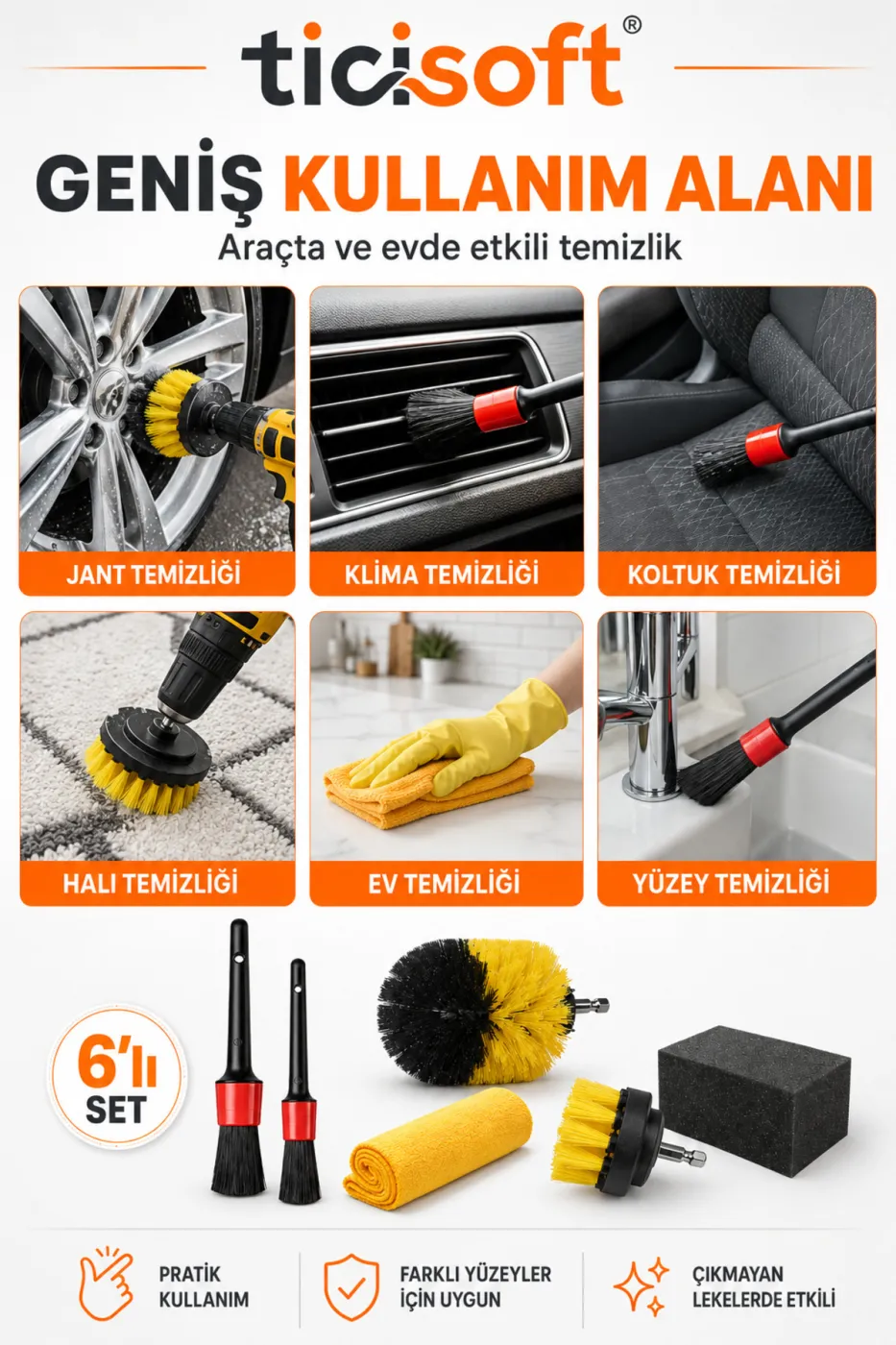 6 Parça Oto Detay Temizlik Seti Matkap Ucu Fırça Başlığı Detay Fırçası Mikrofiber Bez ve Sünger