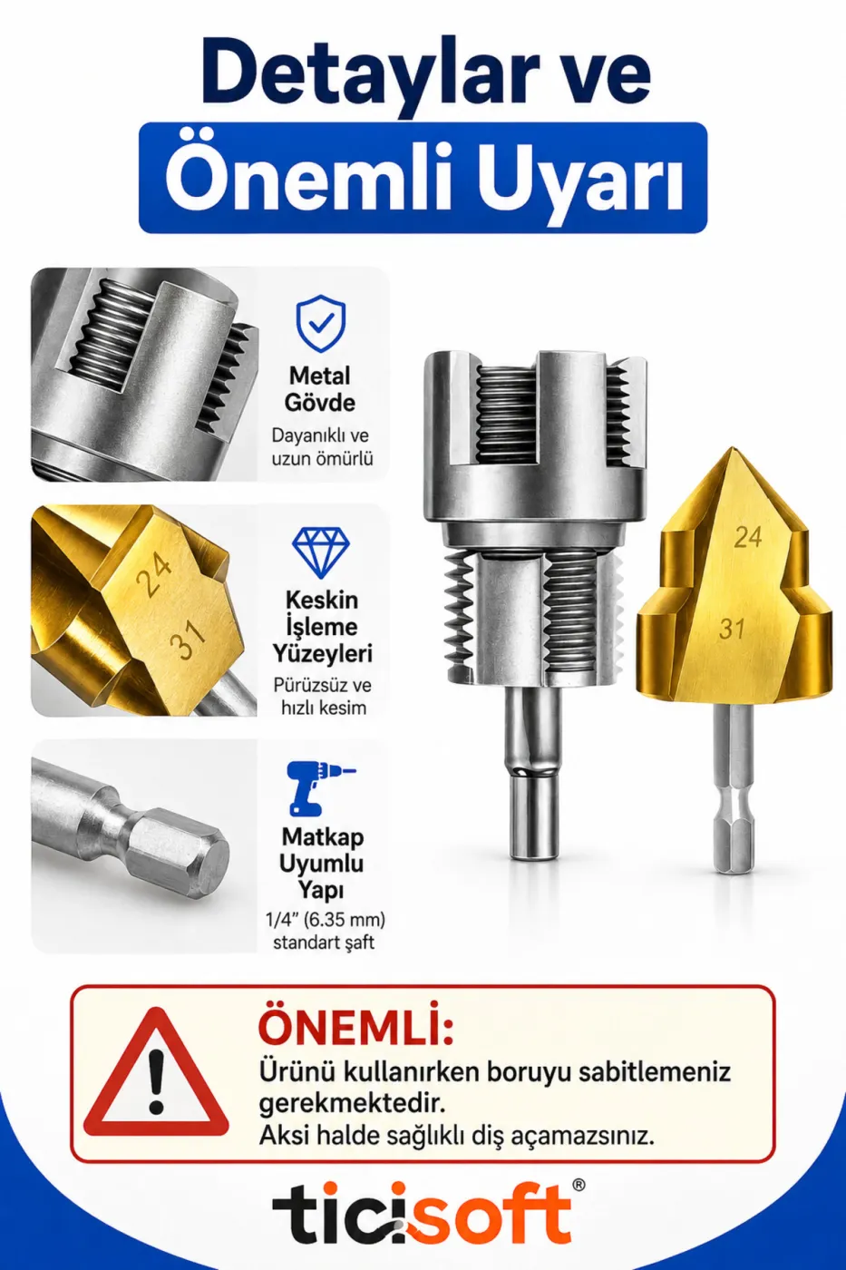 32 mm 1 İnç PVC PPRC Plastik Boru İç Dış Diş Açma ve Boru Genişletme Havşa Pah Açma Aparatı 2’li Set