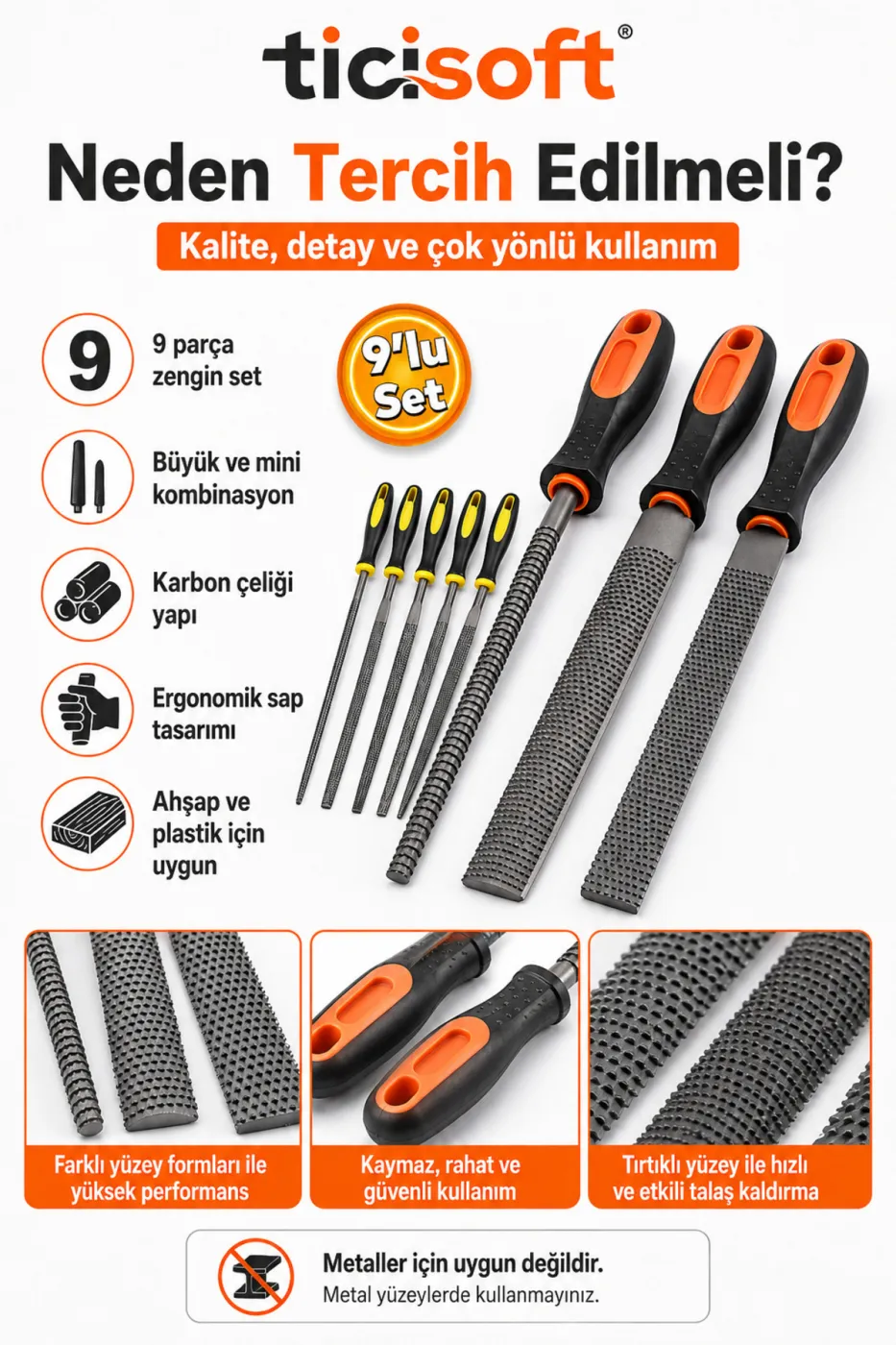 Ahşap Törpü Eğe Seti 9 Parça 30 cm Büyük ve 16 cm Mini Karbon Çeliği Törpü Seti