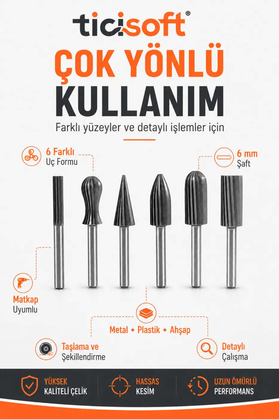 6 Parça Matkap Uyumlu Döner Eğe Seti 6 mm Şaft Metal Plastik Ahşap Taşlama Şekillendirme Uçları