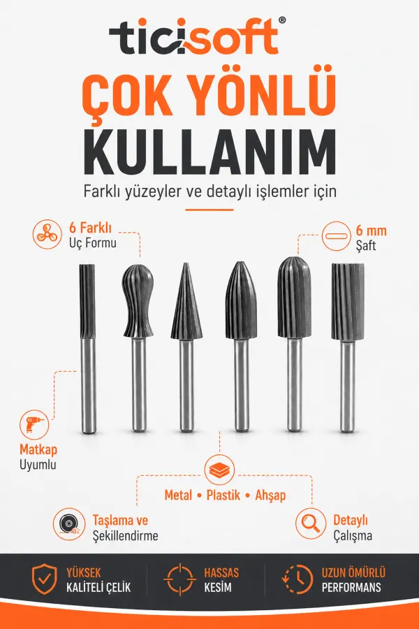 6 Parça Matkap Uyumlu Döner Eğe Seti 6 mm Şaft Metal Plastik Ahşap Taşlama Şekillendirme Uçları