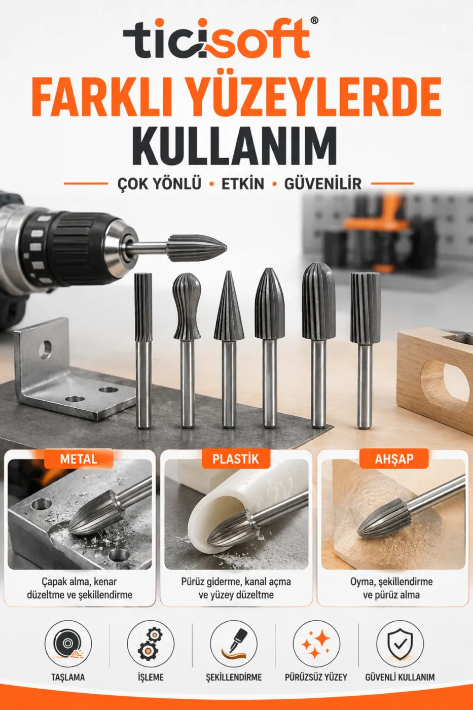 6 Parça Matkap Uyumlu Döner Eğe Seti 6 mm Şaft Metal Plastik Ahşap Taşlama Şekillendirme Uçları