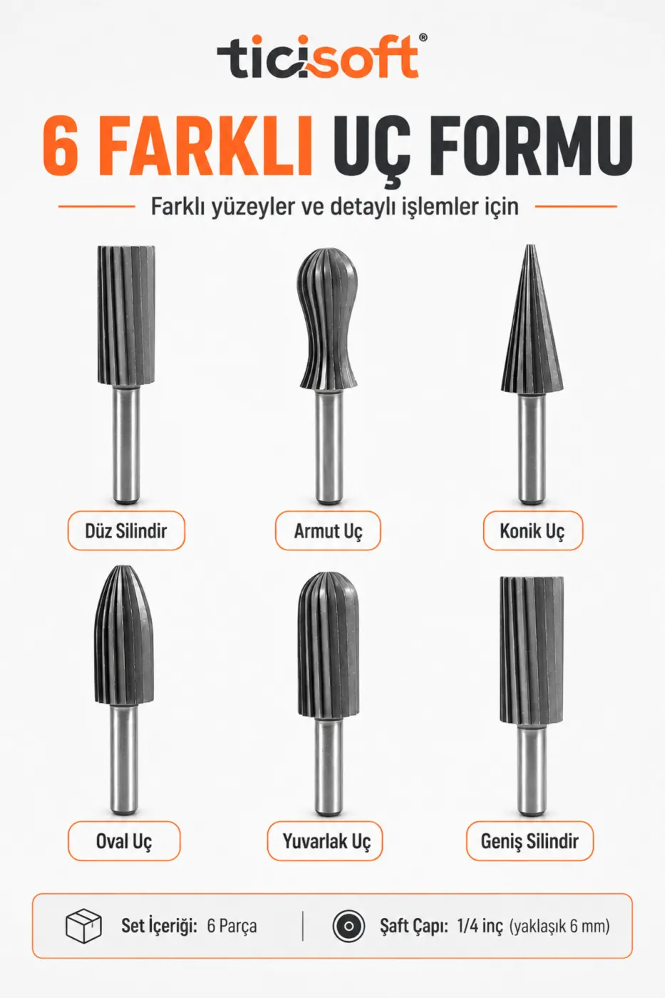 6 Parça Matkap Uyumlu Döner Eğe Seti 6 mm Şaft Metal Plastik Ahşap Taşlama Şekillendirme Uçları