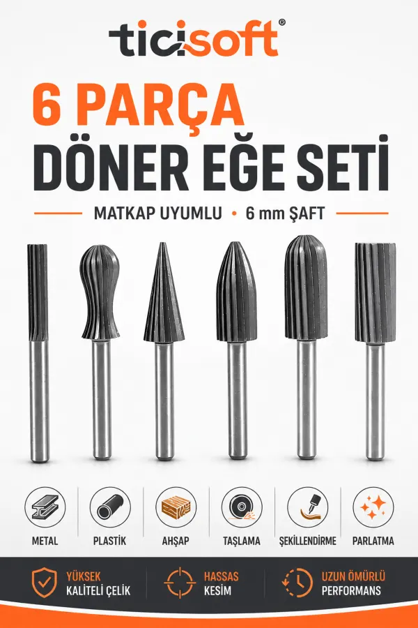 6 Parça Matkap Uyumlu Döner Eğe Seti 6 mm Şaft Metal Plastik Ahşap Taşlama Şekillendirme Uçları
