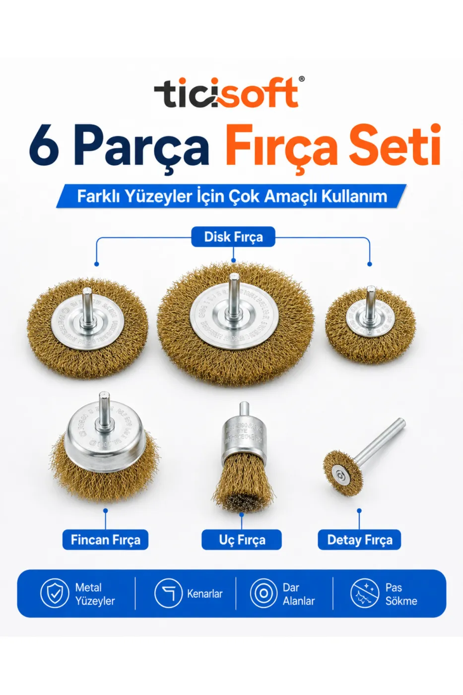6 Parça Matkap Uyumlu Pimli Tel Fırça Seti Pas Boya Yağ ve Kir Temizleme Uçları