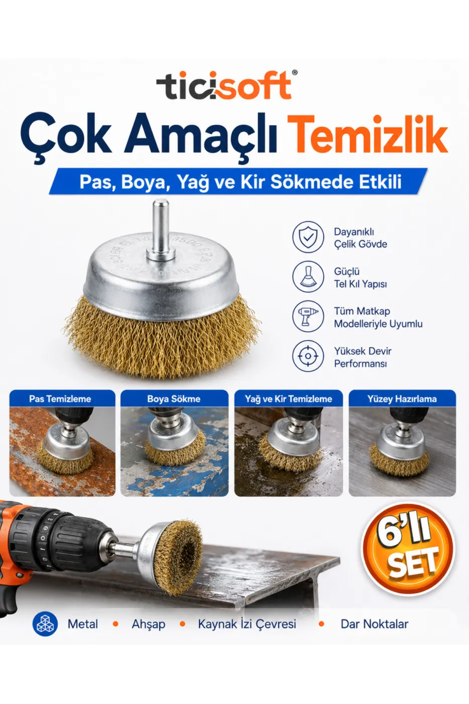 6 Parça Matkap Uyumlu Pimli Tel Fırça Seti Pas Boya Yağ ve Kir Temizleme Uçları