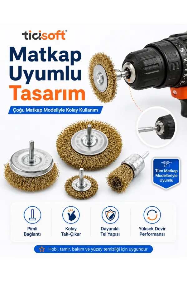 6 Parça Matkap Uyumlu Pimli Tel Fırça Seti Pas Boya Yağ ve Kir Temizleme Uçları
