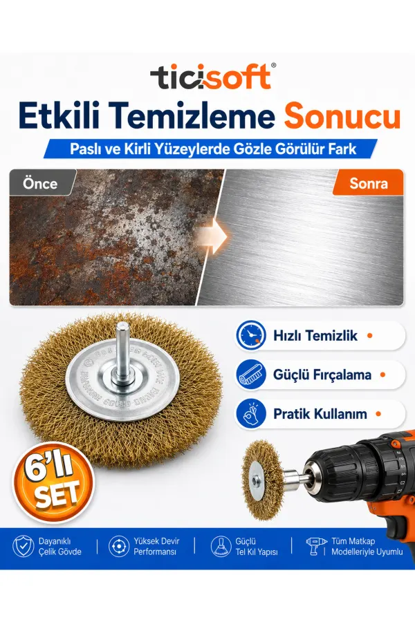 6 Parça Matkap Uyumlu Pimli Tel Fırça Seti Pas Boya Yağ ve Kir Temizleme Uçları