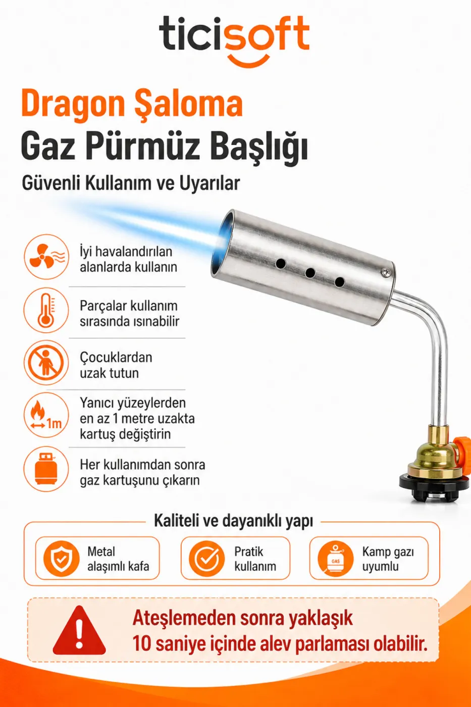 Dragon Şaloma Gaz Pürmüz Başlığı 1300°C Metal Alaşımlı Bütan Kamp Gazı Uyumlu Manuel