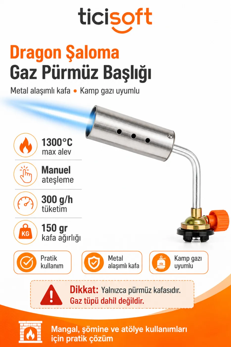 Dragon Şaloma Gaz Pürmüz Başlığı 1300°C Metal Alaşımlı Bütan Kamp Gazı Uyumlu Manuel