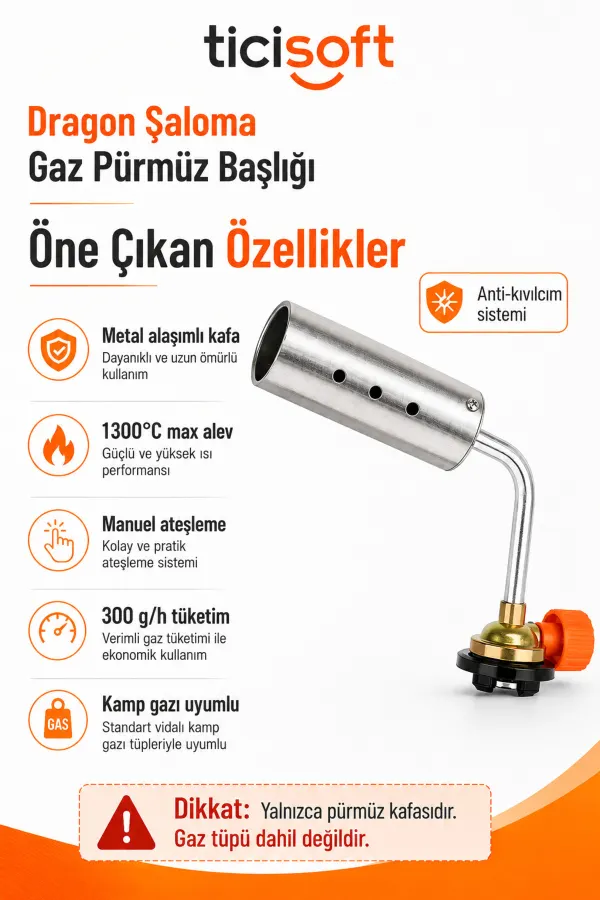 Dragon Şaloma Gaz Pürmüz Başlığı 1300°C Metal Alaşımlı Bütan Kamp Gazı Uyumlu Manuel