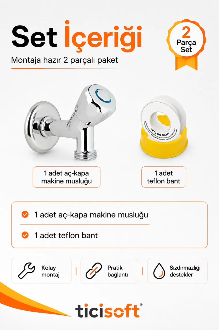 Çamaşır Bulaşık Makinesi Bağlantı Musluğu Pirinç Mekanizmalı Krom Aç-Kapa Çeşme Teflon Bantlı Set