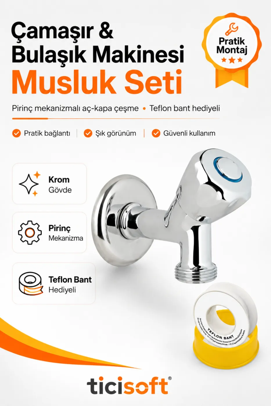Çamaşır Bulaşık Makinesi Bağlantı Musluğu Pirinç Mekanizmalı Krom Aç-Kapa Çeşme Teflon Bantlı Set