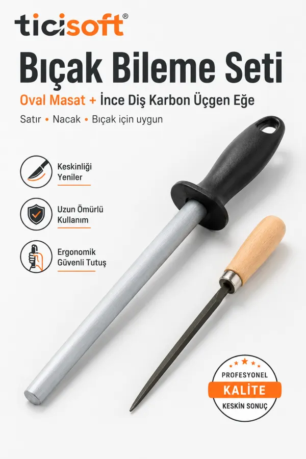 Bıçak Bileme Seti 37 cm Oval Masat ve 23 cm İnce Diş Karbon Üçgen Eğe